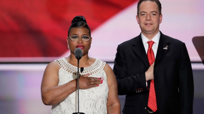 Seeds of Literacy GED grad Margo Hudson gives the Pledge of Allegiance at the RNC in Cleveland on July 20th, 2016.