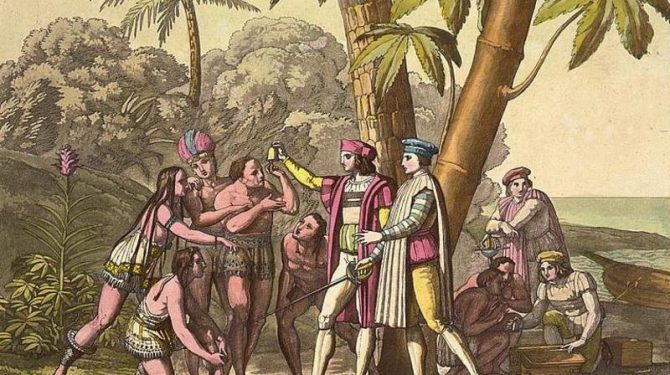 Christopher Columbus meets indigenous people in the "New World."